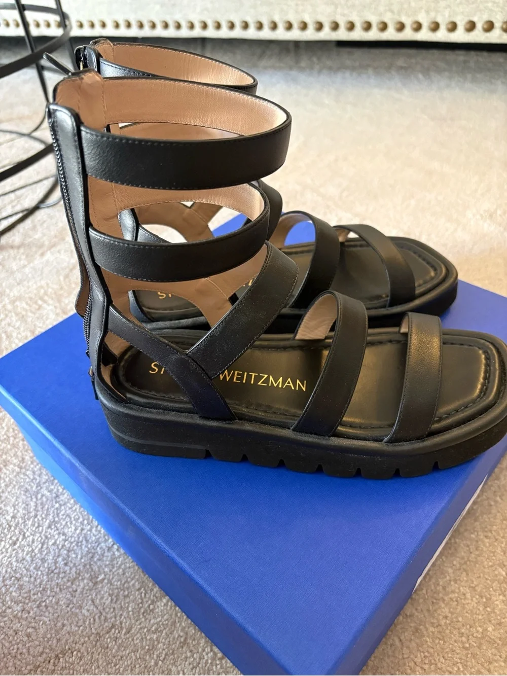 Stuart Weitzman Black Multi-Strap Leather Ankle Sandals